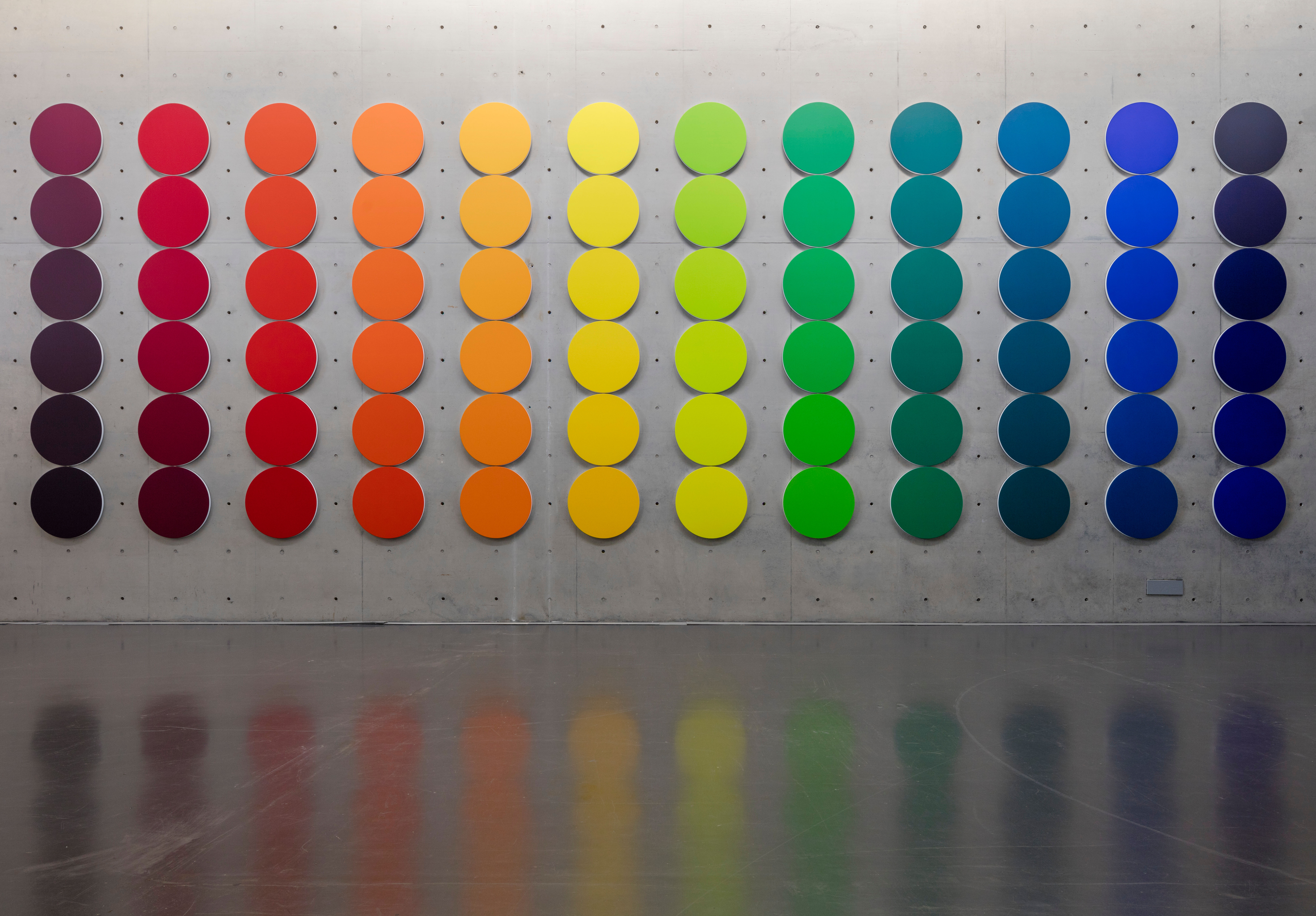 《颜色实验78号》，2015年，布面丙烯 这组作品由十二组七十二幅圆形单色画构成，呈现出所有可见光的渐变色调。该系列作品是艺术家与色彩化学家针对可见光谱所进行的研究，特殊的纳米级颜料均根据可见光谱精确调制。